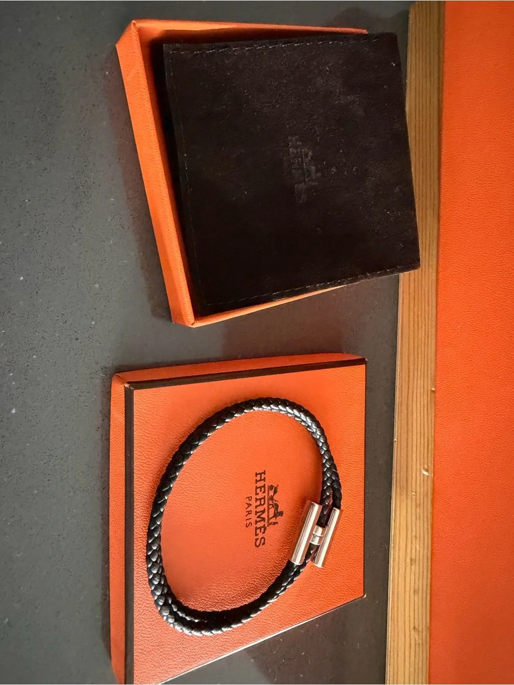 Hermes Black Braided Leather Double Wrap Bracelet with Silver Hardware
